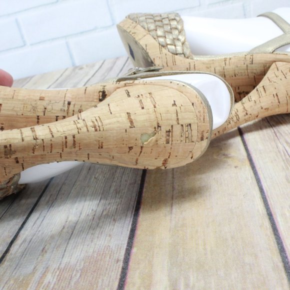 Michael Kors Gianna Gold Woven Leather Heeled Ankle Strap Cork Sandals Size 7.5 - Picture 7 of 8